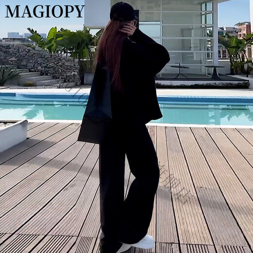 MAGIOPY国际奢侈高档品牌极简风黑色休闲运动套装女2025春季宽松显瘦韩版 黑色两件套 S(100斤以内)