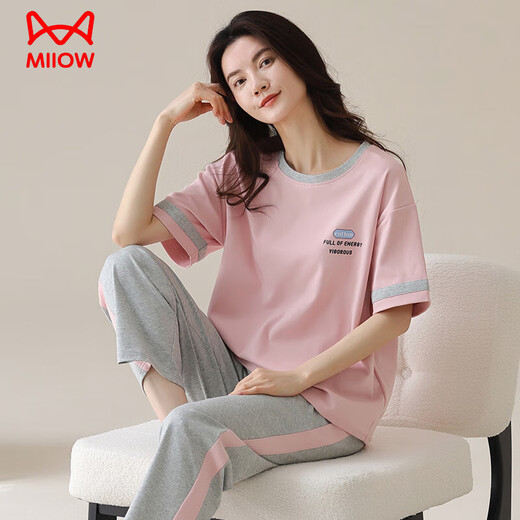 
Catman (MiiOW) pure cotton pajamas for women short-sleeved trousers in summer Korean style women round neck suit thin cotton outside home clothing RN9721# short-sleeved trousers pure cotton M (80-100Jin [Jin equals 0.5 kg])