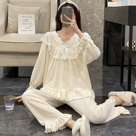 雅鹿蕾丝花边长袖睡衣女新款春秋季纯棉甜美公主风学生休闲家居服套装 KYX-9904#粉色(双长) M