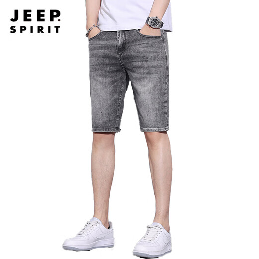 Jeep Spirit Fünf-Punkte-Denim-Shorts Herren Sommer Lose gerader elastische Oberbekleidung lässig mittelgroßen 2025 neue Männer 5-Punkte-Hosen 867-1 Schwarzer Grau 28 zwei Fuß eins