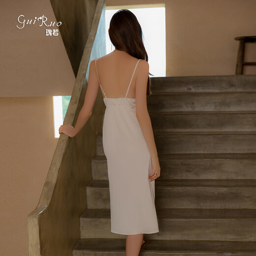 GUI RUO (GUI RUO) Sexy Lace de malla V de espalda V Mesh más almohadilla de seno satén Sendilla Nightgown Outer Gown 3881 Light Yellow (Nightskirt L