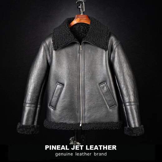 PJL new men's short fashion casual genuine leather fur one-piece wool lapel sheepskin leather jacket black M (130Jin Jin is equal to less than 0.5kg)