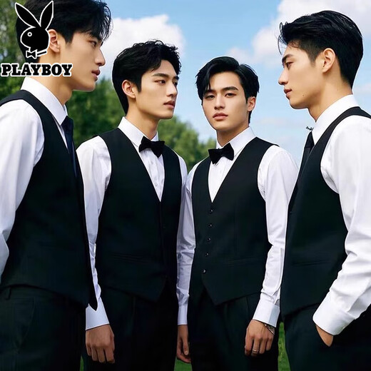 Playboy (PLAYBOY) groomsmen suit, wedding brother suit, men's suit, three-piece suit, professional formal suit, four-season groom's wedding suit, white long-sleeved shirt + black trousers, free black tie XL