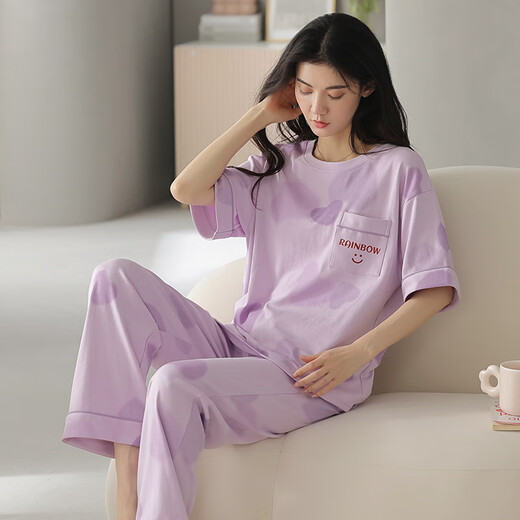 北极绒睡衣女春夏季短袖长裤纯棉韩版学生夏天可外穿全棉家居服套装 YZT9716棉短长 M (80-100斤)