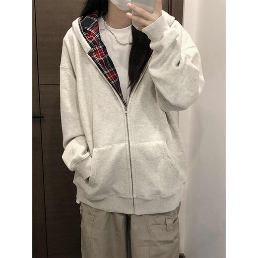Du Xiaoxian's spliced plaid hooded cardigan and sweatshirt for men for spring and autumn vacation two-piece American fashion brand heavy stiff zipper jacket white gray plus velvet L Recommended 100-120 Jin Jin equals 0.5 kg