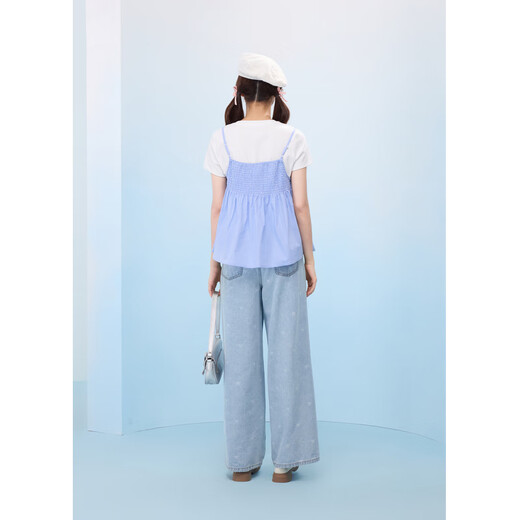 Zihan (ZIHAN) Zihan round neck short-sleeved T-shirt blue grid camisole baby doll shirt two-piece suit for women 2025 summer new style blue grid L