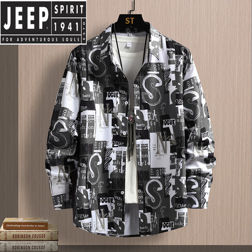 JEEP SPIRIT夏季男装冰丝长袖衬衣潮流美式宽松款垂坠感花衬衫外套寸 6169绿色 M 90-110斤
