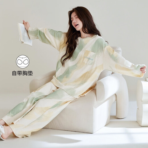 Purple flower language with chest pad 100% cotton pajamas for women spring and autumn new style can be worn outside soft home clothes milky white L