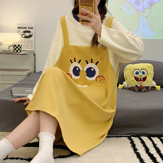 Autumn and winter cartoon long-sleeved loose home clothes pajamas women's nightgowns women's yellow nightgowns (J16857-18) M women (recommended 75-95Jin [Jin equals 0.5 kg])