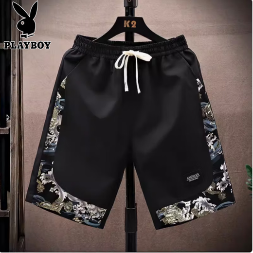 花花公子（PLAYBOY）国潮印花运动短裤男士夏季潮流外穿中国风宽松百搭大码休闲五分裤 833米白色 M 80-100斤