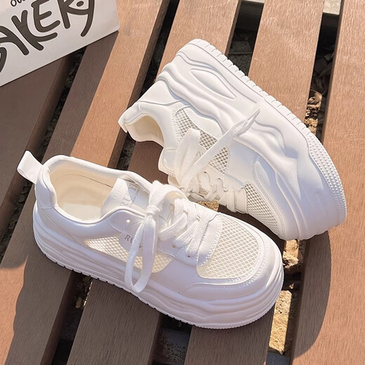 Woodpecker thick-soled white shoes for women in summer new mesh shoes thin breathable board shoes with skirt versatile height-enhancing casual shoes off-white 37 (235mm)