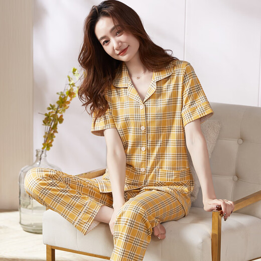 Yalu pure cotton pajamas women's summer short-sleeved trousers cardigan large size middle-aged and young suit mother home clothes y9922 short-sleeved trousers pure cotton M (80-100Jin [Jin equals 0.5 kg])