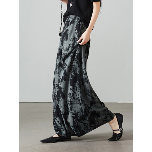 Tachimis TOUCH MISS2025 spring elastic waist skirt for women new retro print versatile high waist mid-length skirt Olive green XS 27