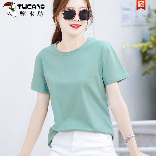 Holzspecker (Tucano) High-End-T-Shirt mit reinem Baumwoll für Frauen mit kurzärärmernem, lockeren, vielseitigen, farbenen Farbwäsche-grüne, halbärmelige T-Shirt-Sommer-Top 6172 Hellgurett kurzärmelig (empfohlen 80-105 Jin [Jin gleich 0,5 kg]))