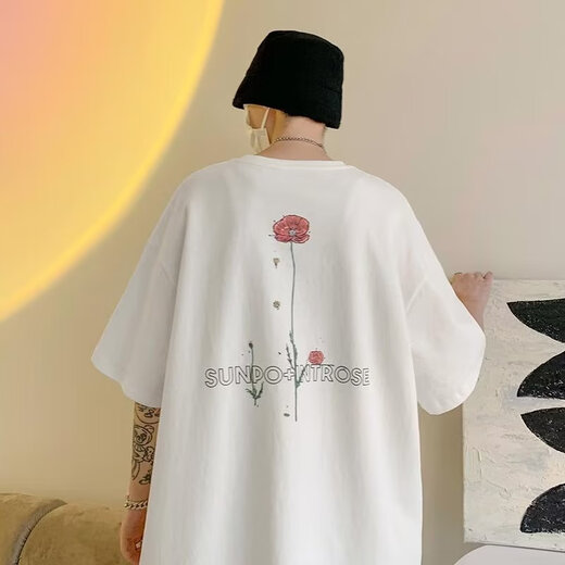 POUM American T-shirt Men's Summer Trendy Rose Print Short Sleeve Loose and Versatile Niche Five-point Half-sleeved T-shirt ins A+FS-H1396 White S