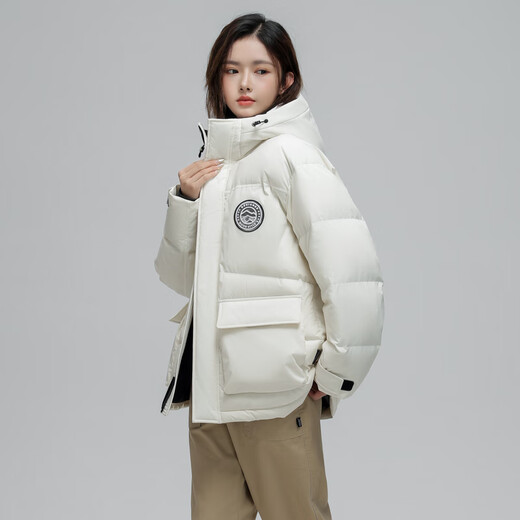 Snow Flying Down Jacket for Women, versatile and fashionable casual men and women same style three-dimensional workwear, large pocket stand collar hooded long down jacket, white 8162 XS /160/80A