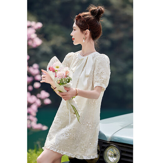 
OLJ light luxury brand dress for women 2025 summer new French small fragrance style sequin high-end slim skirt off white L