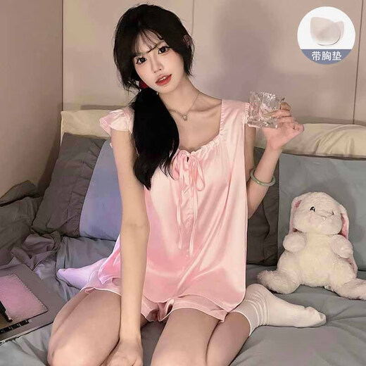 Xiwangchun Fengfei Pajamas de manga de Feifeng para mujeres con almohadillas de pecho 2025 Nuevo chaleco sexy set de verano ropa delgada para el hogar 9227fe arco sólido rosa rosa almohadillas de pecho fijo xl