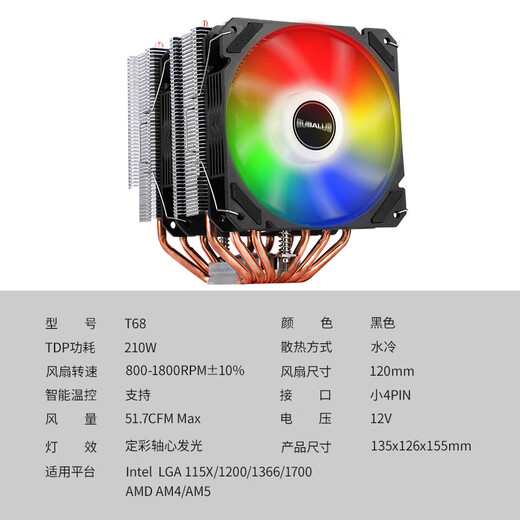 BUBALUS T68 Dual-Tower-CPU-luftgekühlter Kühler (Multi-Plattform/AM5/6 Heatpipes aus reinem Kupfer/intelligente Temperaturregelung per PWM/Matrix-Lamellen/12-cm-Dual-Lüfter/Unterstützung 1700)