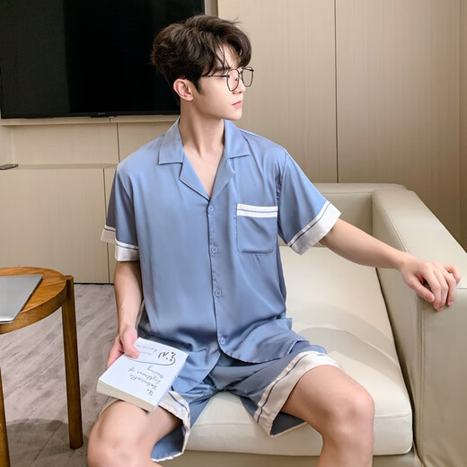 莫代尔高端新款男式睡衣夏季短袖短裤冰丝薄款凉感家居服大码套装夏天男 3899松绿 L (体重100到139)