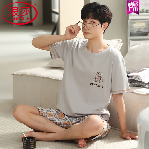 LangSha пижамы мужские летние из чистого хлопка с короткими рукавами для молодежи и среднего возраста, тонкая повседневная носимая домашняя одежда большого размера Z679 L рекомендуется 100-130 Джин Джин равен 0,5 кг для ношения