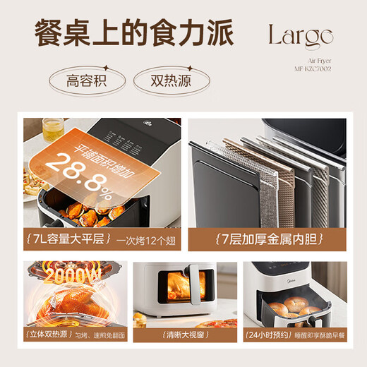
Midea Air Fryer for Home 7 liters practical large capacity 2025 new model 2000W dual heat sources without turning over transparent large windows 7-layer thickened metal inner liner 7L [KZC7002]