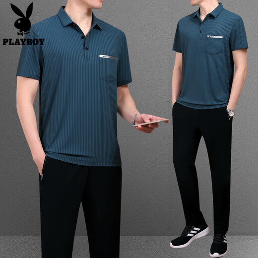 花花公子（PLAYBOY OUTDOOR）夏装中老年男装冰丝短袖T恤男士运动服父亲节薄款休闲跑步套装 753灰色 4XL建议180斤---200斤T恤+裤子