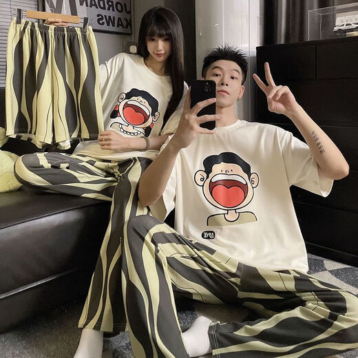 Catman (Miiow) Drei-teiliges Paar Pyjamas für Frauen im Sommer Pure Cotton Cette Short Sleeve Thin Cartoon Herren Shorts Korean Style Home Clothing T-A5012 Ehepaar [Drei-teilige Set] M Frauen (Empfohlen 80-100 Jin [Jin Equals EqualS Gym]))