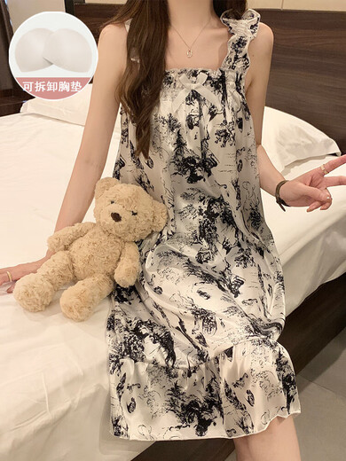 SU Naixue Nightgown pour les femmes en été, avec des coussinets de poitrine, un pyjamas à suspense de glace à la soie glaciaire, des femmes d'été, des vêtements de maison doux et mignons, le printemps et l'automne 3889 [PAD NON AMOVABLE PORTRE] M [75-100jin [Jin est égal à 0,5 kg]]]