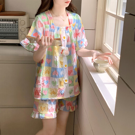 Also about 2025 new pajamas for women, summer cloud cotton with chest pad, short-sleeved sweet love, wearable home clothes set 9903-4 love, removable chest pad XL