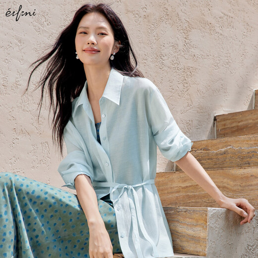 
Eifli (eifini) Eifli commuting relaxed waist lace-up loose shirt for women 2025 summer new basic versatile top for women blue S