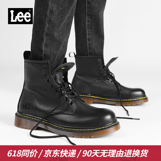 Lee【头层牛皮】马丁靴男高帮真皮靴子英伦风韩版皮靴黑色大码时装靴 黑色四季款 L214UE029 41 【偏大/请拍小一码】