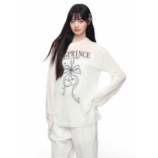 
Micro-transparent sunscreen blouse long-sleeved T-shirt for women's summer thin printed loose slimming top insGXXX96-60029 White L