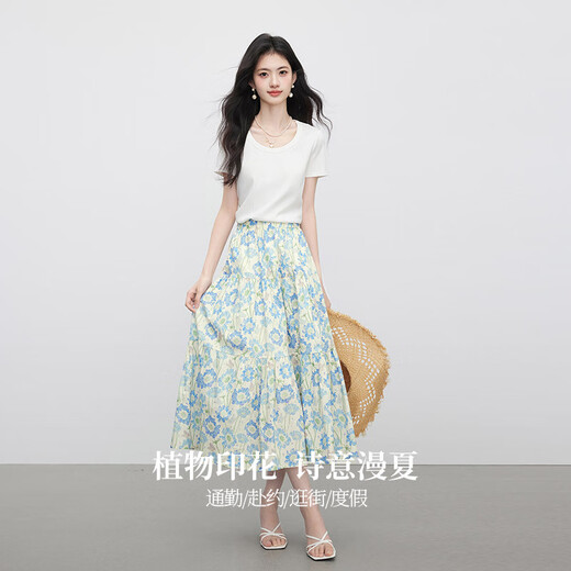 熙世界法式蓝色碎花半身裙夏季2025新款浪漫复古印花a字蛋糕裙 白底蓝花 M