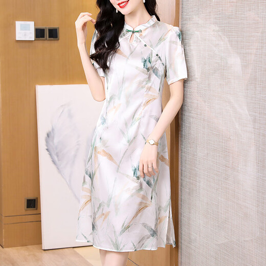 OLJ高档品牌真丝连衣裙女2025年夏季新款国风减龄印花显瘦桑蚕丝裙子 图片色 L