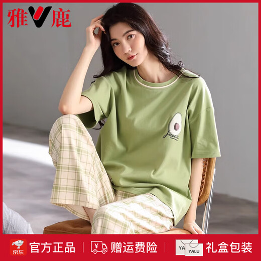 Yalu Pajamas para mujeres en verano 2025 Nuevo algodón puro algodón delgada de la casa de algodón suelto pantalones de manga corta Ajustos casuales Fentenkoan 7374 M [recomendado 80-105Jin [Jin es igual a 0,5 kg]]]