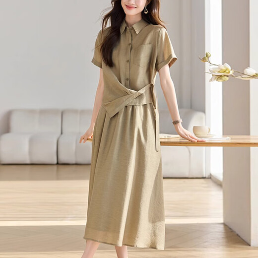 
XAE luxury high-end brand short-sleeved dress for women 2025 summer new POLO collar fashionable casual shirt suit skirt apricot color L [Suggested 115-125Jin [Jin equals 0.5 kg]]