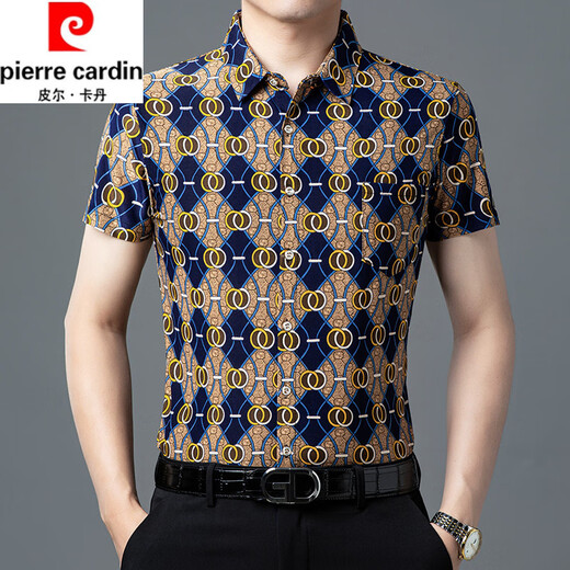 皮尔卡丹（pierre cardin）夏季新款冰丝短袖花衬衫男高级感免烫抗皱休闲印花衬衣中年爸爸装 9898黑色 XL 175【140-160斤】