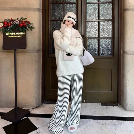 Bangboshi maternity belly support pants Korean style slimming maternity wide leg pants drawstring casual striped maternity pants off-white stripes L 100-120Jin Jin equals 0.5 kg