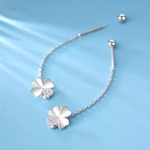 RSRDDY Old Phoenix pure silver 9999 earrings sterling silver four-leaf clover ear wire long screw slimming anti-allergic earrings earrings four-leaf clover tassel screw sterling silver earrings Lao Fengxiang same style 4.06g (sterling silver pair)