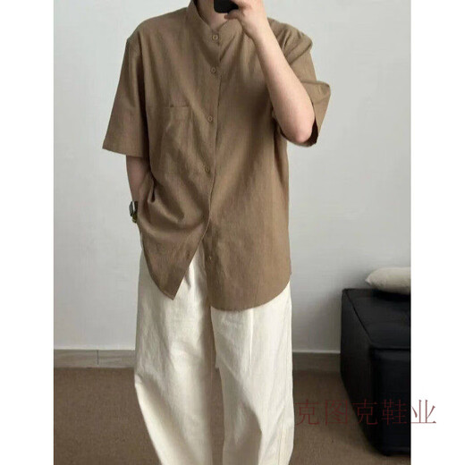 Ketuk new Chinese style cotton and linen textured short-sleeved shirt for men and women Henry collar cardigan shirt summer retro lazy jacket black L