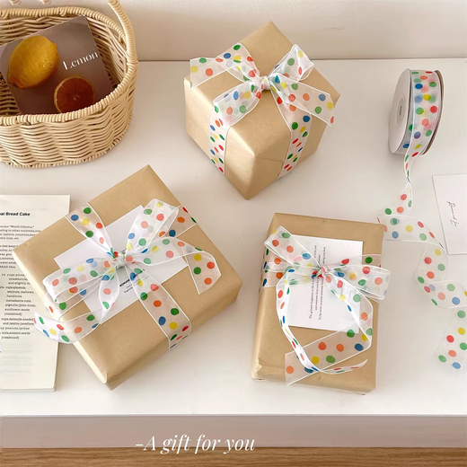 Colorful polka dot ribbon birthday gift packaging large size kraft paper floral paper ins style flower shop material color polka dot ribbon one roll about 22 meters