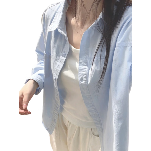 Pure cotton blue shirt for women spring and autumn 2026 new style long-sleeved shirt inside the lapel and Korean style top for small people, blue XL