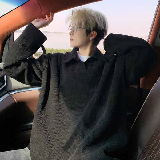 NYING wheat ear pattern heavy sweatshirt for boys autumn new American trendy brand polo collar long-sleeved T-shirt loose casual top apricot XL (130-150Jin Jin equals 0.5 kg)