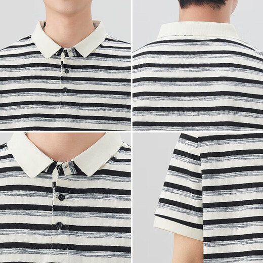 Polo de polo a rayas en blanco y negro de la marca japonesa debajo de Jiujiuwang Jiumuwang, camiseta de solapa de seda suelta de hielo de manga corta masculina.