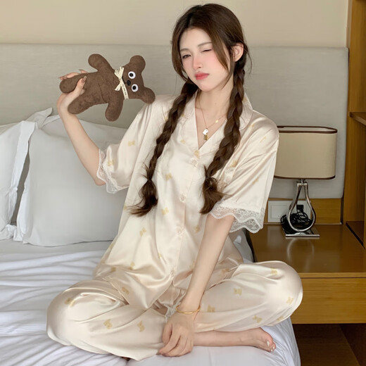 Pajama de seda de hielo transfronterizo antártico para mujeres Lindo estilo Bear Summer NUEVO ALIMO ALIMO CAREATE Pantalones de manga corta Conjunto de ropa para el hogar YFY9905# M 170 [sugerido 80-100Jin [Jin iguala 0.5 kg]]]