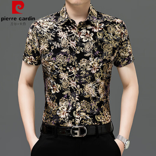 皮尔卡丹（pierre cardin）父亲节夏季宽松短袖印花衬衫男桑蚕丝半袖免烫花衬衣休闲中年爸 父亲节礼物纯-Y81-9898黑色 M 165【100-120斤】