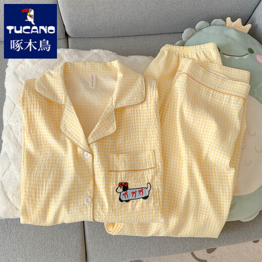 Woodpecker Daschampagne Pajamas Women's 2025 New Summer Pure Cotton Gauze Short Sleeve Three-Piece Set Cardigan Cotton Silk Home Clothing Yunduo Cotton-J9901# Paradise Puppy Three-Piece Set M [Suggested 75-100Jin [Jin equals 0.5 kg]]