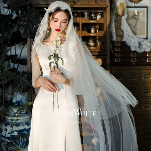 
DEARWHITE Love White < Morning> Simple Fishtail Satin Wedding Dress French Bride White Engagement Dress Morning丨 L _170