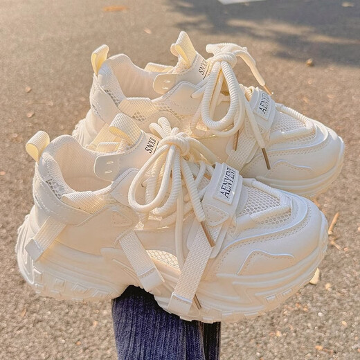 Summer Breathable Dad Zapatos para zapatos blancos de suela gruesa para mujeres Sports Sports Lendy Shoes 9905-1 Beige Leather Surface 35
